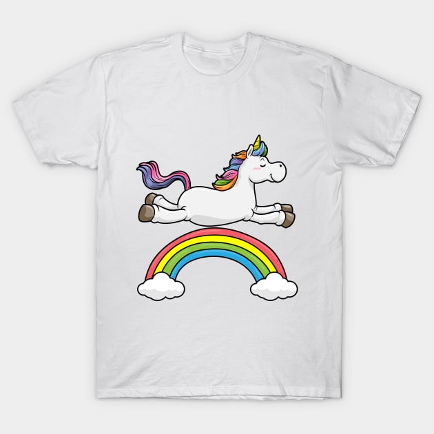 Floating unicorn on a rainbow with clouds T-Shirt by Markus Schnabel